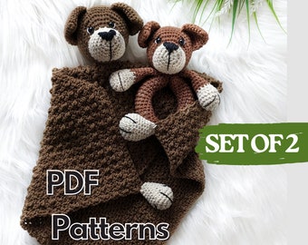 Patrón de perro de crochet, patrón de manta de bebé de crochet, sonajero de perro para bebé, juego de 2 patrones de amigurumi