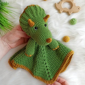 Crochet dinosaur pattern, crochet triceratops security blanket, crochet baby lovey pattern image 4