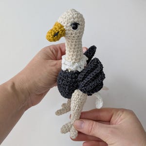 May include: A crocheted vulture toy featuring a cream-colored head and neck, a yellow beak, a white ruff around the neck, and a dark gray body with matching wings. The small stuffed bird has black plastic eyes and light-colored legs and feet.