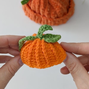 May include: Two small, orange, crocheted pumpkin-shaped items with green crocheted stems and leaves. The items feature a ribbed texture created by the crochet stitch pattern. One pumpkin is held in the foreground, while the other sits behind it.