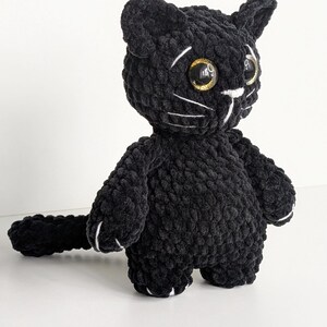 May include: A black crocheted cat plush toy made from soft, textured yarn. The figure features large, round, amber-colored eyes with a glittery finish, white embroidered whiskers, a small white nose, and white stitched details on the paws.