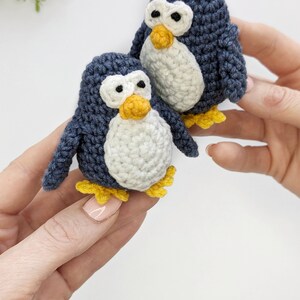 Pode incluir: Dois pequenos brinquedos de pinguim de croch&ecirc;. Os pinguins s&atilde;o azuis com barrigas brancas e bicos e p&eacute;s amarelos.