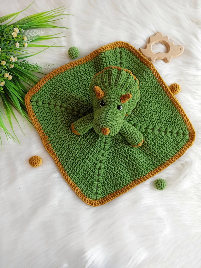 Crochet dinosaur pattern, crochet triceratops security blanket, crochet baby lovey pattern image 7