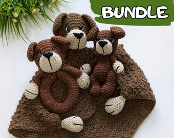 Patrón de perro de crochet, patrón de manta de bebé de crochet, sonajero de perro para bebé, juego de 3 patrones amigurumi