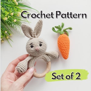 Crochet patterns set of 2, bunny rattle amigurumi pattern and crochet carrot