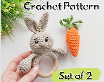 Crochet patterns set of 2, bunny rattle amigurumi pattern and crochet carrot