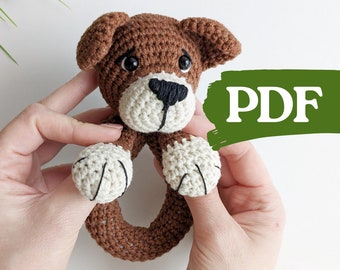 Crochet dog pattern, baby rattle dog amigurumi pattern, crochet baby gift idea