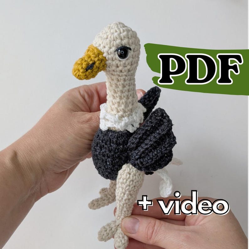 May include: A crocheted vulture toy featuring a cream-colored head and neck, a yellow beak, a white ruff, and a dark gray body with matching wings. The image includes the text PDF and + video, indicating a digital pattern and tutorial.