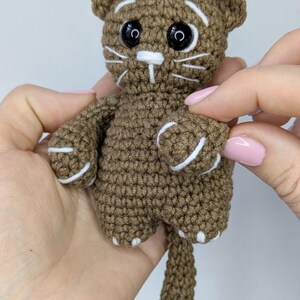 May include: A small brown crocheted cat toy featuring large black plastic safety eyes, white embroidered whiskers, white eyebrow accents, and white stitched details on the paws and tail. The yarn is a medium brown shade with a textured finish.