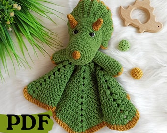 Crochet dinosaur pattern, crochet triceratops security blanket, crochet baby lovey pattern
