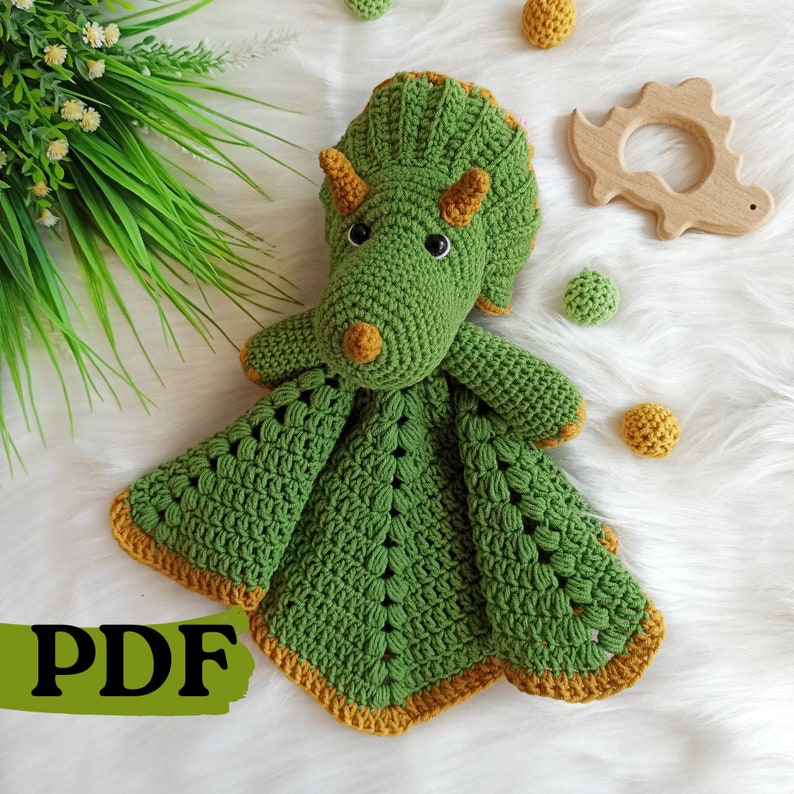 Crochet dinosaur pattern, crochet triceratops security blanket, crochet baby lovey pattern image 1