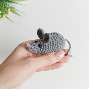 May include: A gray crocheted mouse toy with black eyes. The mouse is being held in a hand with pink nail polish.