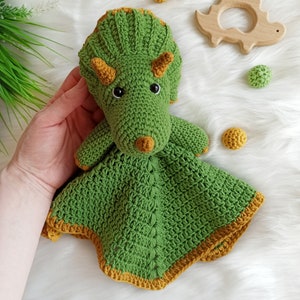 Crochet dinosaur pattern, crochet triceratops security blanket, crochet baby lovey pattern image 2