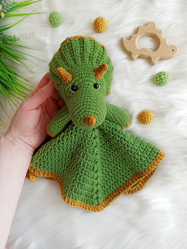 Crochet dinosaur pattern, crochet triceratops security blanket, crochet baby lovey pattern image 2