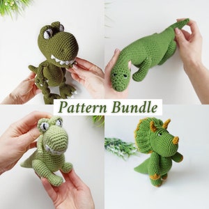 Crochet dinosaur pattern, set of 4 PDF patterns, amigurumi dinosaurs T-Rex, diplodocus, triceratops