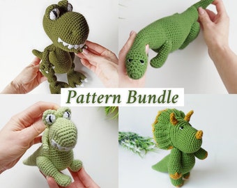 Crochet dinosaur pattern, set of 4 PDF patterns, amigurumi dinosaurs T-Rex, diplodocus, triceratops