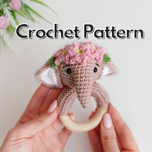 Amigurumi elephant rattle pattern, crochet toy with teethering ring PDF pattern english