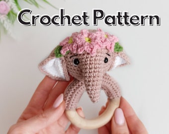 Patrón de sonajero de elefante amigurumi, juguete de ganchillo con anillo de dentición, patrón en PDF en inglés