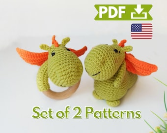 Set of 2 crochet patterns, crochet dragon figurine, crochet baby rattle pattern