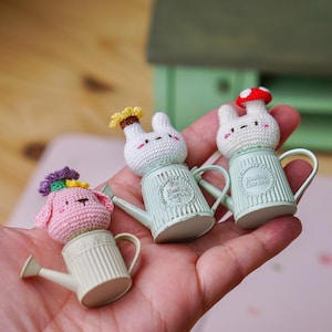 Micro Crochet Bunny/Bear in Watering Can: Miniature Dollhouse Decor