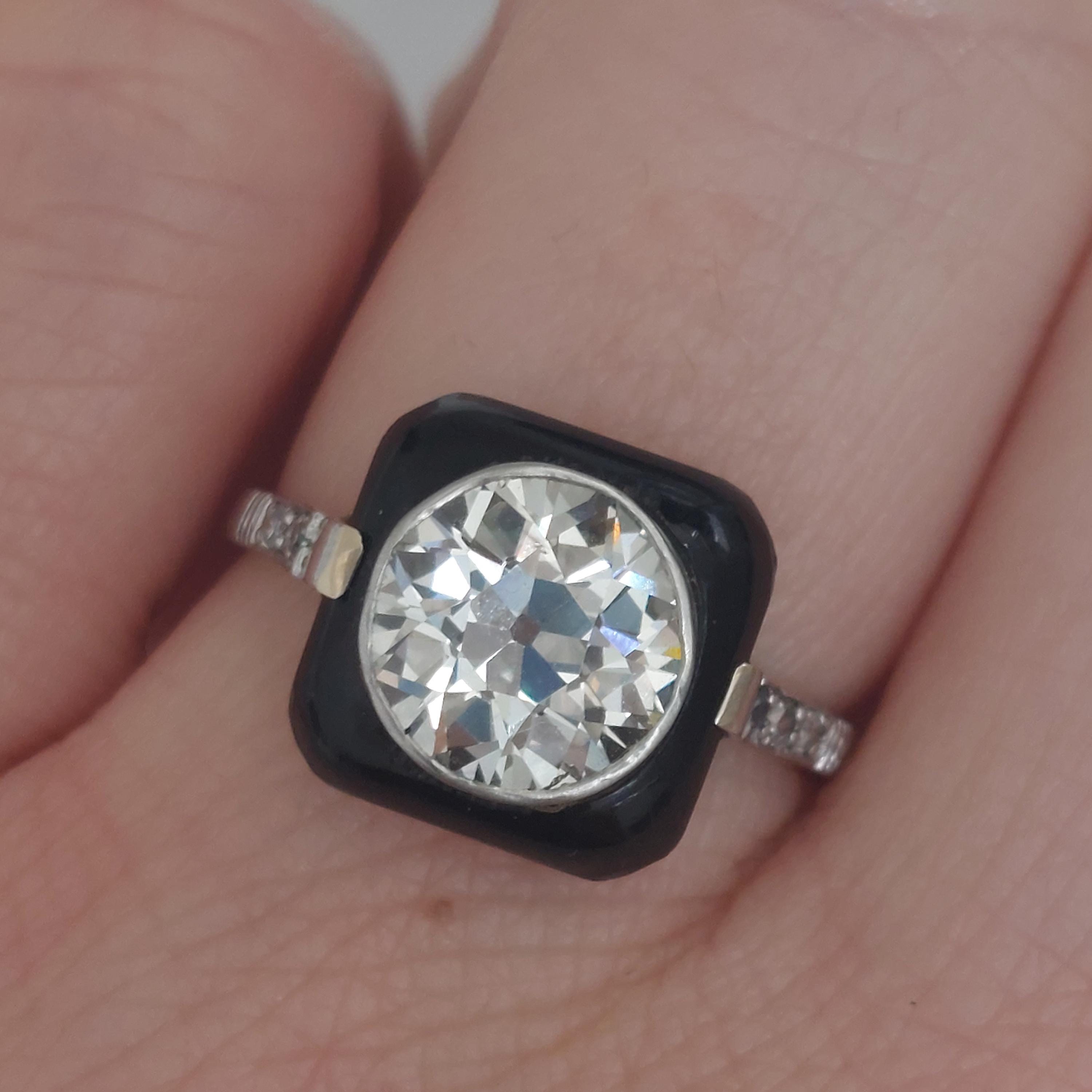 Vintage Art Deco Onyx And 2 Carat Old Cut Diamond Target Ring. Antique