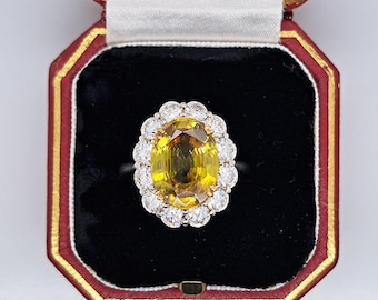 Fine 7.78ct Yellow Sphene and Diamond Cluster Ring