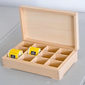 Wooden Tea Box Unfinished with 12 Compartments and Interior Hinges #1607