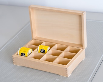 Wooden Tea Box Unfinished with 12 Compartments and Interior Hinges #1607