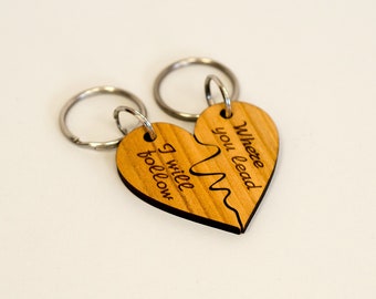 Heartbeat Pair Wooden Personalisable  Keyrings Where you lead i will follow #412