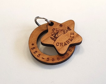 Ring Star Dog Tag Personalized Wooden Laser Cut and Engraved Pet Name and Phone Number #011