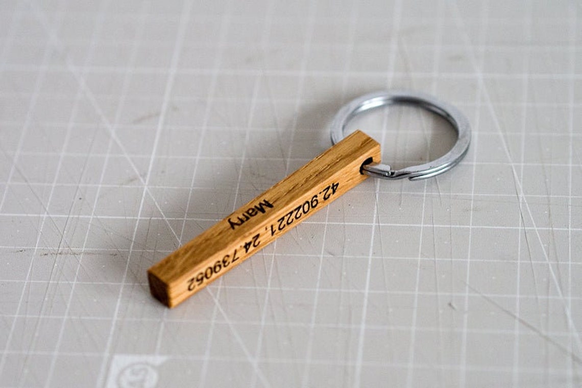 Custom Wood Bar Keychain Personalised Name Date Coordinates Engraved ...