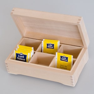 Wooden Tea Box Unfinished with 6 Compartments and Interior Hinges #1612
