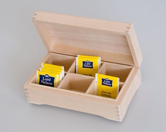 Wooden Tea Box Unfinished with 6 Compartments and Interior Hinges #1612