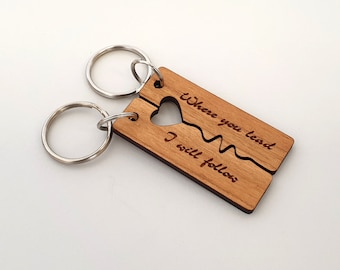 Heartbeat Pair Wooden Personalisable Keyrings Where you lead i will follow #402