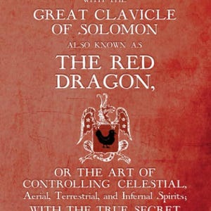 May include: A vintage book cover with the title "THE GRAND GRIMOIRE" in white text on a red background. The cover also includes the text "THE RED DRAGON" and an illustration of a crest with a black bird. The publication year is 1521.