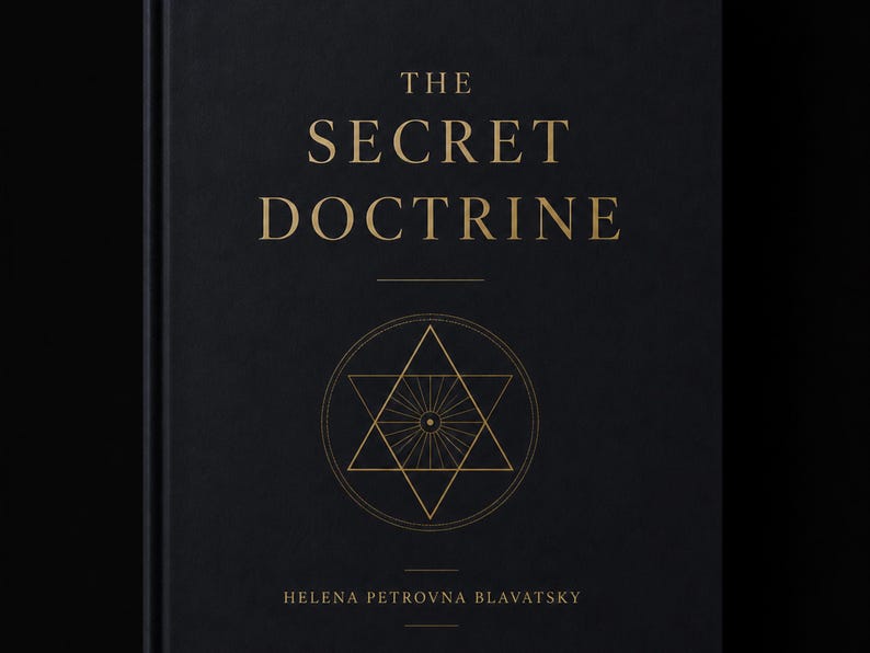 May include: A black hardcover book with the title "The Secret Doctrine" in gold lettering. The author's name, Helena Petrovna Blavatsky, is at the bottom. The cover features a geometric design in gold, adding to the book's aesthetic.