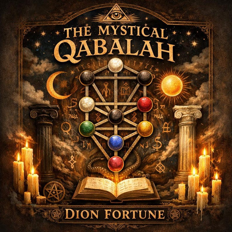 Op de afbeelding: Een artistieke illustratie met de tekst "THE MYSTICAL QABALAH" boven een gedetailleerde afbeelding van de Levensboom. De afbeelding bevat een maan, een zon, kaarsen en de tekst "DION FORTUNE".