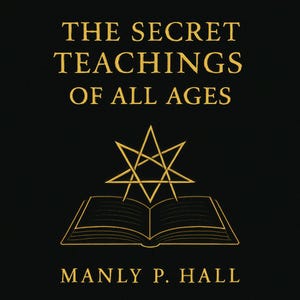 Könnte beinhalten: Buchcover mit dem Titel "THE SECRET TEACHINGS OF ALL AGES" in goldener Schrift. Darunter eine goldene Illustration eines Sterns und eines offenen Buches. Der Name des Autors, "MANLY P. HALL", steht unten in Gold.