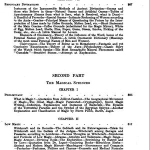 May include: A page from an old book, displaying the contents with headings like "SECONDARY DIVINATIONS" and "THE MAGICAL SCIENCES." The text is densely packed, with various subheadings and detailed descriptions of the topics covered.