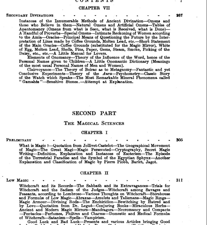 May include: A page from an old book, displaying the contents with headings like "SECONDARY DIVINATIONS" and "THE MAGICAL SCIENCES." The text is densely packed, with various subheadings and detailed descriptions of the topics covered.