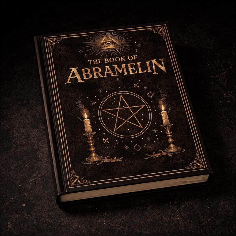 Puede incluir: Un libro de tapa dura titulado "THE BOOK OF ABRAMELIN" con letras e ilustraciones doradas. La portada presenta un pentagrama, velas y un dise&ntilde;o de ojo que todo lo ve. El libro tiene una est&eacute;tica oscura y antigua.