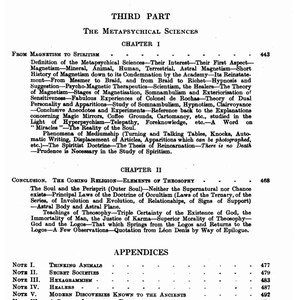 May include: A page from an antique book displaying the contents for "The Metaphysical Sciences." The text includes chapter headings such as "From Magnetism to Spiritism" and "Conclusion. The Coming Religion - Elements of Theosophy."