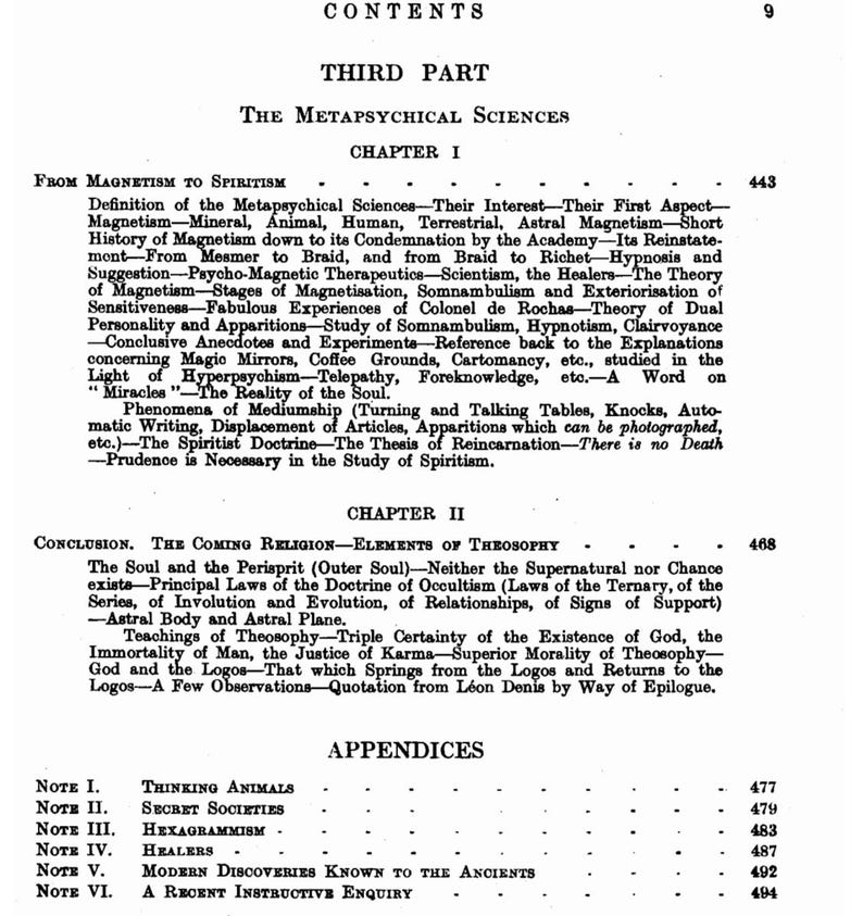 May include: A page from an antique book displaying the contents for "The Metaphysical Sciences." The text includes chapter headings such as "From Magnetism to Spiritism" and "Conclusion. The Coming Religion - Elements of Theosophy."
