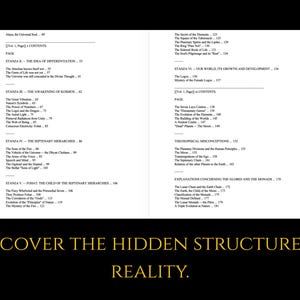 May include: Open book pages with text, including a table of contents and chapter titles. The text is in black on a white background. The bottom of the image has the text "DISCOVER THE HIDDEN STRUCTURE OF REALITY."