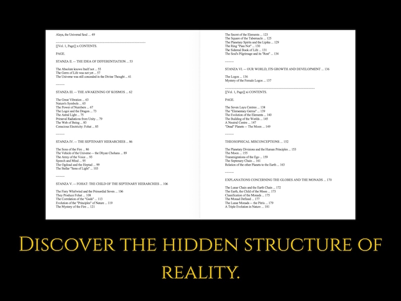 May include: Open book pages with text, including a table of contents and chapter titles. The text is in black on a white background. The bottom of the image has the text "DISCOVER THE HIDDEN STRUCTURE OF REALITY."
