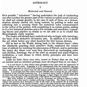 May include: A page from an old book, featuring the title "Chapter I Astrology" and the subtitle "Historical and General." The text is printed in black ink on off-white paper. The page is filled with paragraphs discussing the history of astrology.