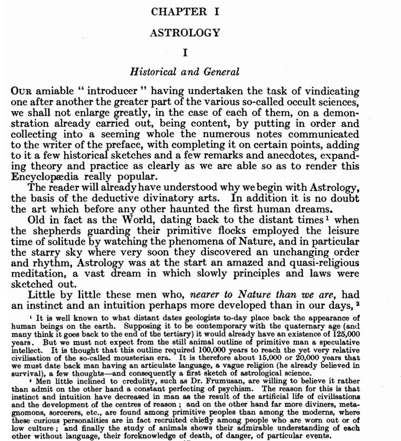 May include: A page from an old book, featuring the title "Chapter I Astrology" and the subtitle "Historical and General." The text is printed in black ink on off-white paper. The page is filled with paragraphs discussing the history of astrology.