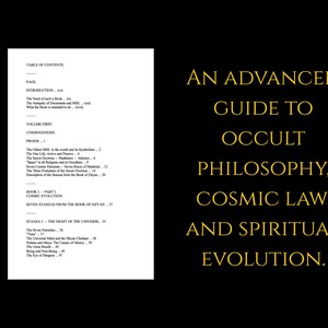 May include: A black background with gold text reading "AN ADVANCED GUIDE TO OCCULT PHILOSOPHY, COSMIC LAW, AND SPIRITUAL EVOLUTION." A white page on the left displays a table of contents.
