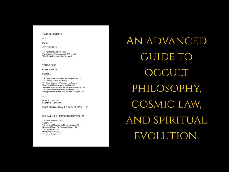 May include: A black background with gold text reading "AN ADVANCED GUIDE TO OCCULT PHILOSOPHY, COSMIC LAW, AND SPIRITUAL EVOLUTION." A white page on the left displays a table of contents.