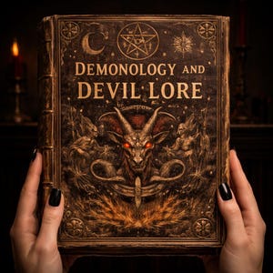 May include: A vintage book titled "Demonology and Devil Lore" with a detailed illustration of a horned demon with glowing red eyes. The cover is dark brown with gold accents and a pentagram symbol.